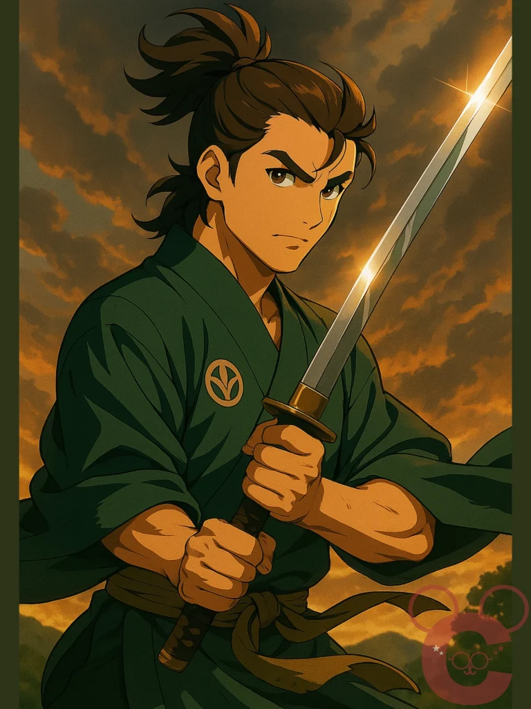 土佐勤王党時代の中岡慎太郎をイメージしたオリジナルイラスト。緑の着物姿で刀を握る若き慎太郎