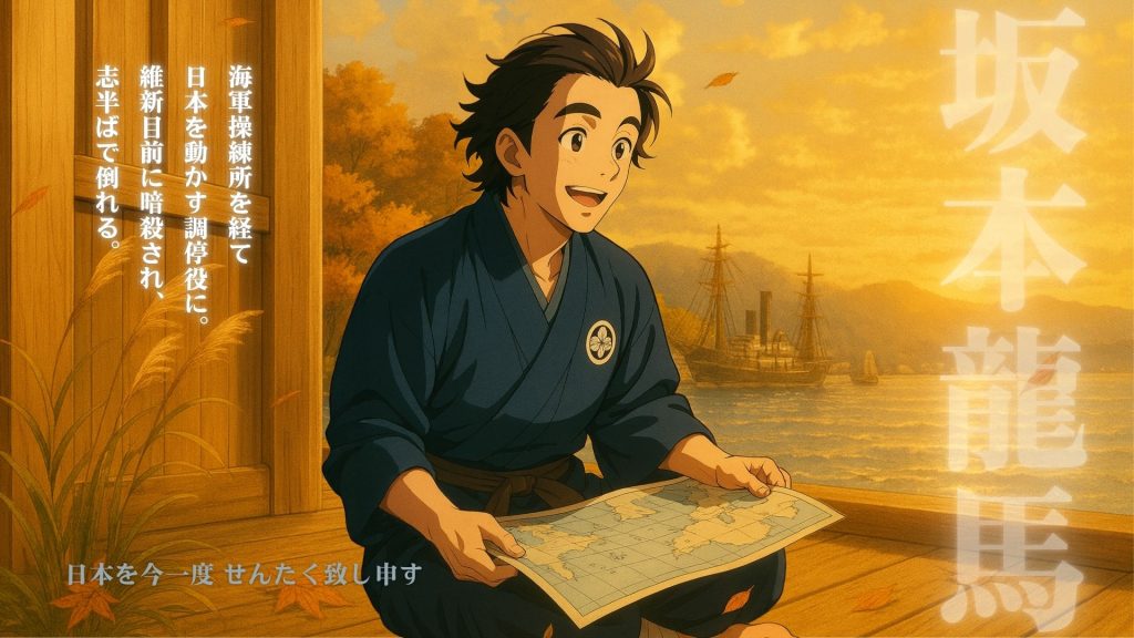 土佐勤皇党出身の志士・坂本龍馬の創作イラスト。夕暮れの港で地図を広げる姿。画像内テキスト「坂本龍馬」「海軍操練所を経て日本を動かす調停役に。維新目前に暗殺され志半ばで倒れる。」「日本を今一度せんたく致し申す」