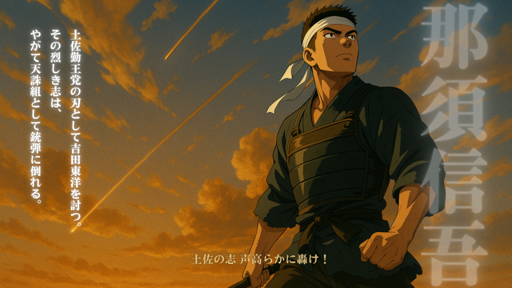 土佐勤皇党の志士・那須信吾の創作イラスト。秋の山道を駆ける若き武士。画像内テキスト「那須信吾」「天誅組の闘いを担い、土佐勤皇党の若き志として散る。」