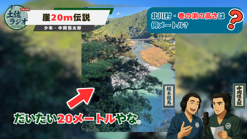 高知県北川村「巻の渕」の崖の高さが約20メートルと説明する土佐ラジオの図解（奈半利川の写真）