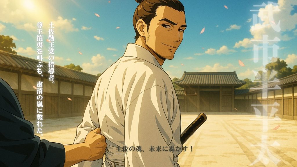 土佐勤皇党の盟主・武市半平太の創作イラスト。夕焼け空を背に鎧姿で立つ姿。画像内テキスト「武市半平太」「土佐勤皇党の刃として吉田東洋を討つ。その烈しき志はやがて天誅組へと続く。」「土佐の志 声高らかに轟け!」