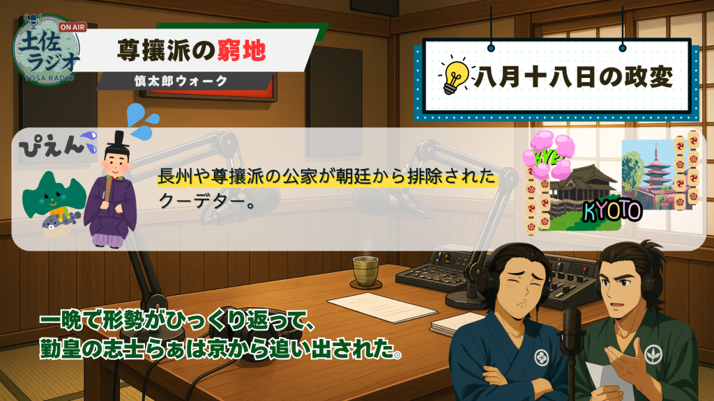 土佐ラジオの解説スライド。「八月十八日の政変」を、長州や尊攘派の公家が朝廷から排除されたクーデターとして説明している。