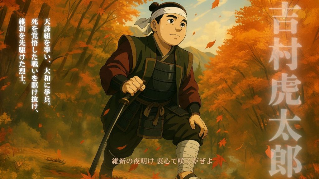 土佐勤皇党の志士・吉村虎太郎の創作イラスト。紅葉舞う山中で刀を手に進軍する姿。画像内テキスト「吉村虎太郎」「天誅組を率い大和に挙兵。死を覚悟した戦いを駆け抜け、維新を先駆けた烈士。」「維新の夜明け 哀心で咲くがぜよ」