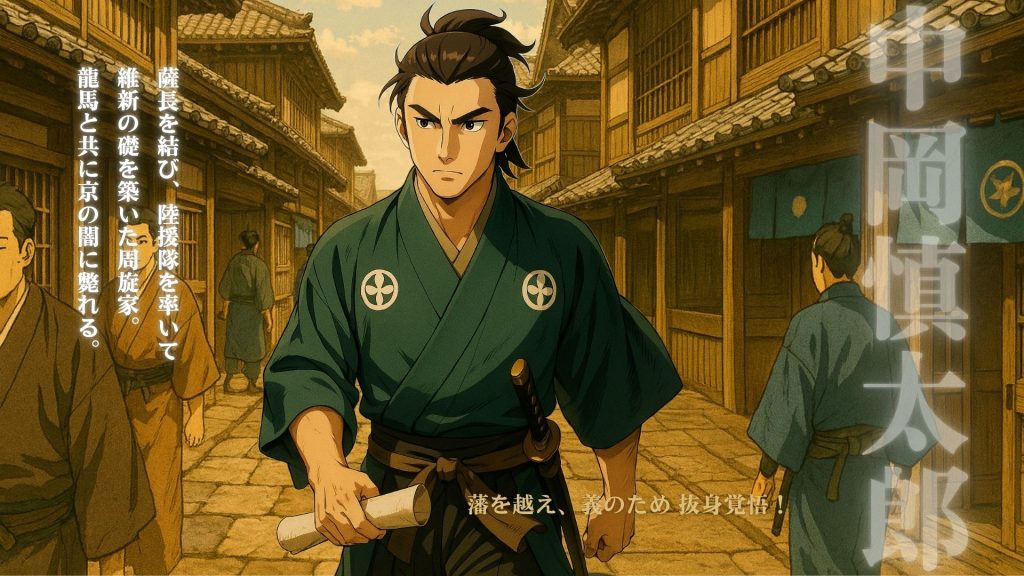 土佐勤皇党の志士・中岡慎太郎の創作イラスト。京都の町を歩きながら書状を握る姿。画像内テキスト「中岡慎太郎」「薩長を結び陸援隊を率いて維新の礎を築いた周旋家。龍馬と共に京の闇に斃れる。」「藩を越え、義のため抜身覚悟!」