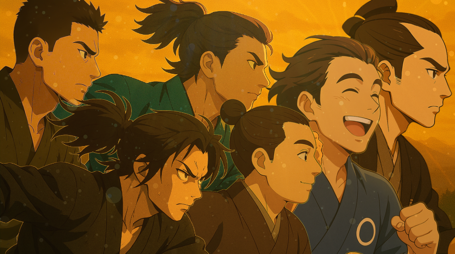 土佐勤王党の志士たちを描いた創作集合イラスト。武市半平太・坂本龍馬・中岡慎太郎らが夕陽を背に並ぶ姿