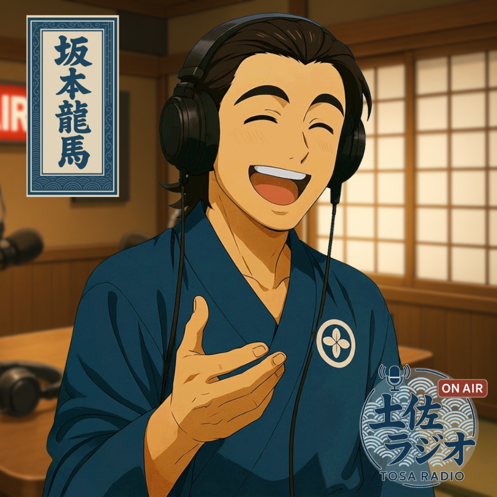 土佐ラジオに登場する坂本龍馬のイラスト。ヘッドホンをつけて笑顔で語るラジオ風ビジュアル。