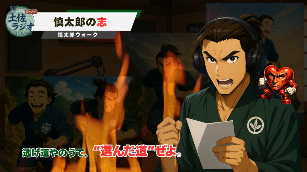 土佐ラジオ「慎太郎ウォーク」のスライド。炎の演出の中、慎太郎が原稿を握りしめ「逃げ道やのうて、“選んだ道”ぜよ」と語る場面。