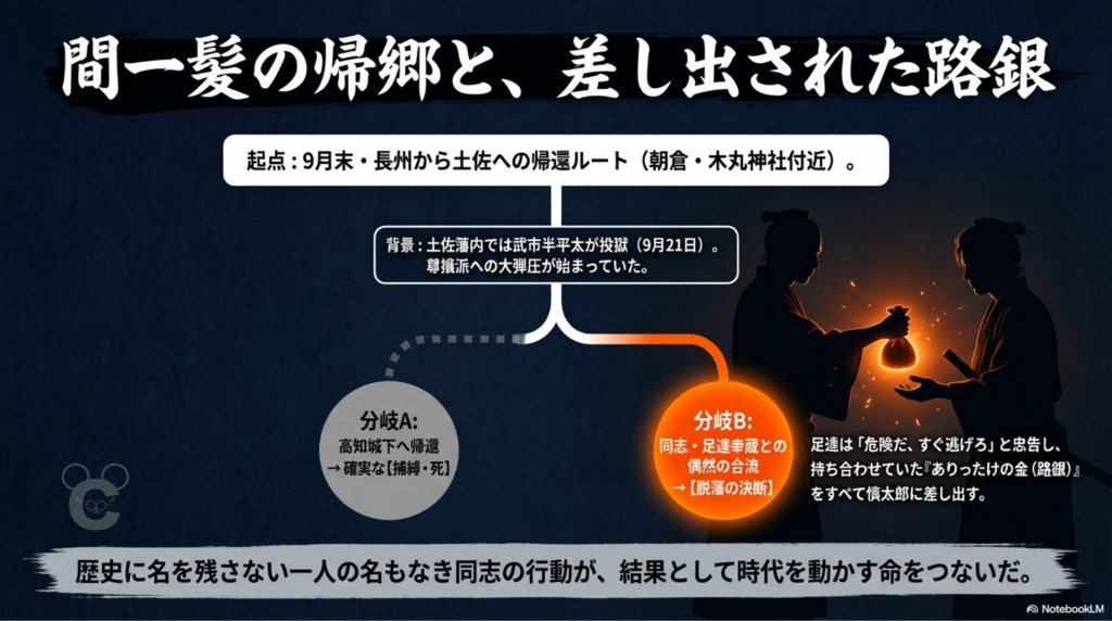 帰還ルートでの運命の分岐点を示す図解。高知城下へ戻れば捕縛という場面で、同志・足達幸蔵が偶然合流し、ありったけの路銀(お金)を差し出して脱藩を促した「命を繋いだ瞬間」を描写。