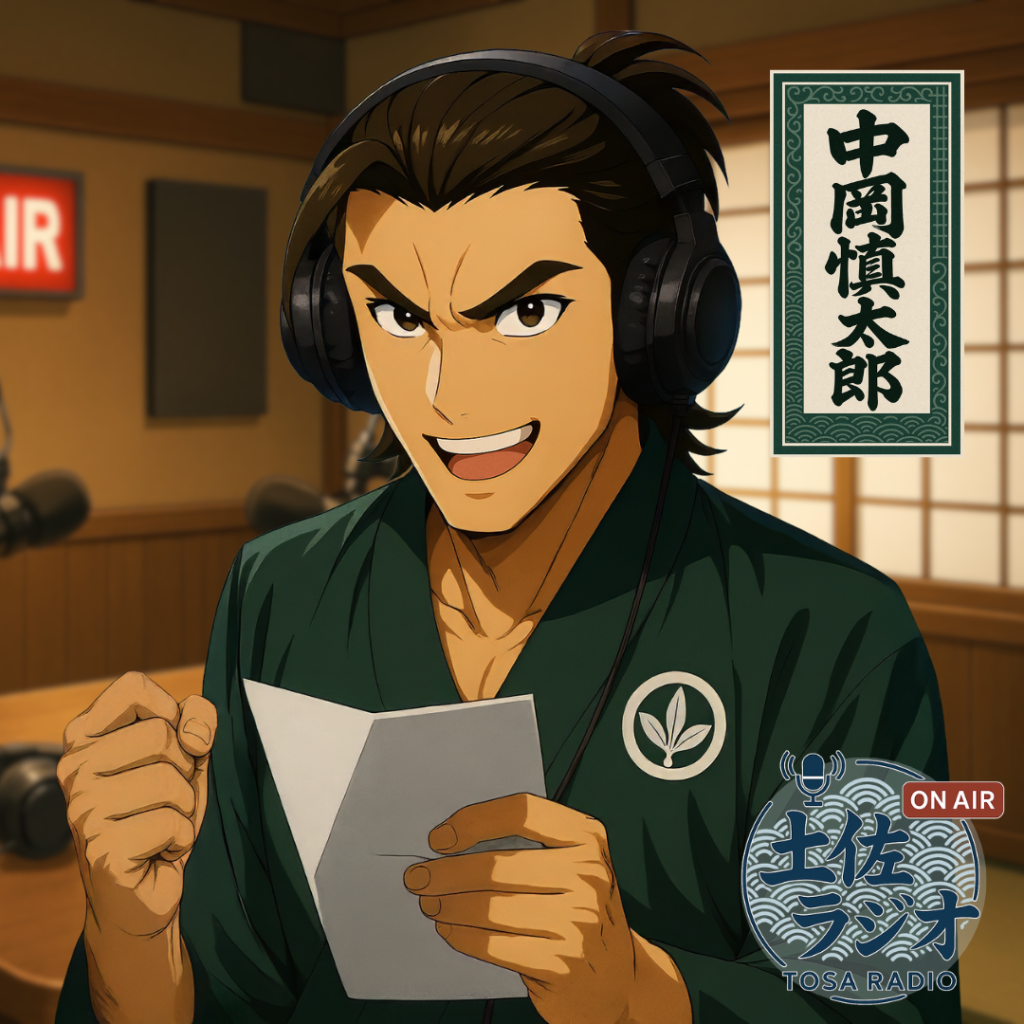 土佐ラジオに登場する中岡慎太郎のイラスト。ヘッドホンをつけ原稿を読みながら語るラジオ風ビジュアル。