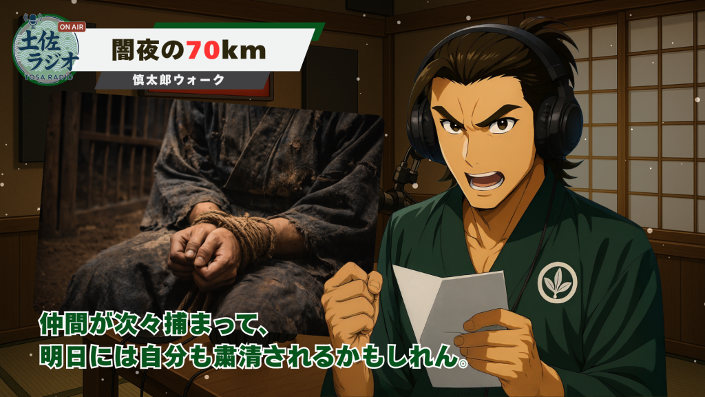土佐ラジオ「慎太郎ウォーク」より、闇夜の70kmと粛清の不安を語るスライド。縛られた手の写真と慎太郎のイラストが描かれている。