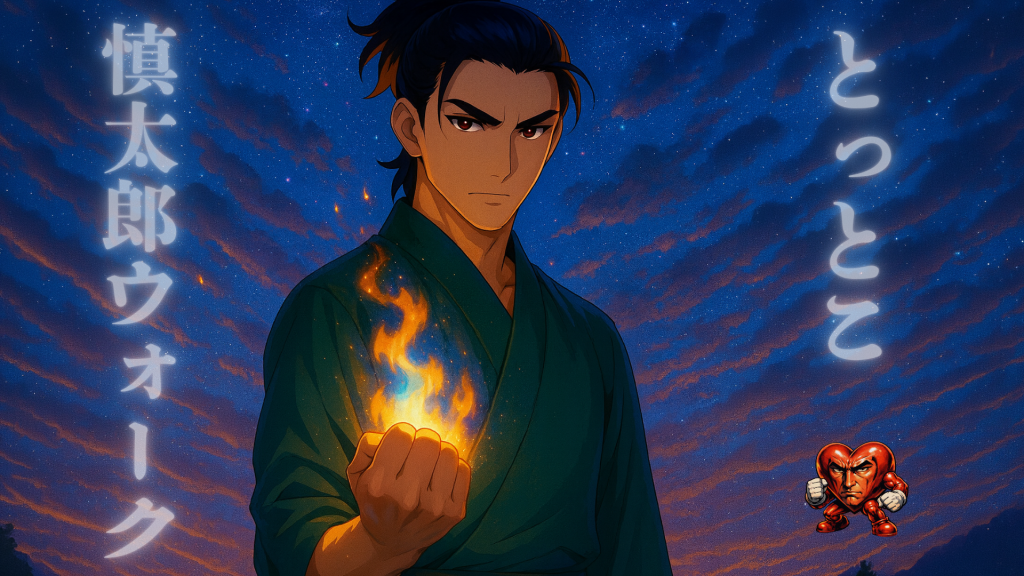 星空の下、手に炎を宿し決意に満ちた表情を浮かべる青年・中岡慎太郎のアニメ調イラスト。画面の両端には「とっとこ慎太郎ウォーク」という力強いタイトルロゴが配置されている。右下には、筋肉質なハートに顔がついたシュールで熱いキャラクターが拳を握っており、シリアスさとユーモアが絶妙に混ざり合った、土佐ラジオの楽曲コーナーを象徴するビジュアル。