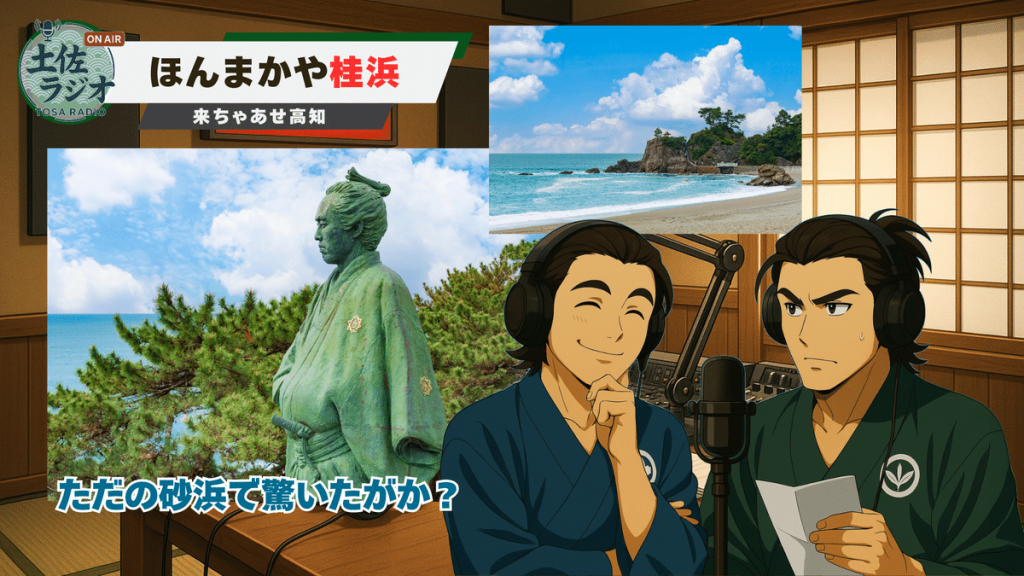 桂浜の龍馬像の写真と、青い海の写真が配置された画面。左上に「土佐ラジオ」「ON AIR」、上部に「ほんまかや桂浜」「来ちゃぁせ高知」。画面下に「ただの砂浜で驚いたがか？」という字幕。右側にラジオブースで話す坂本龍馬と中岡慎太郎のイラストが描かれている。