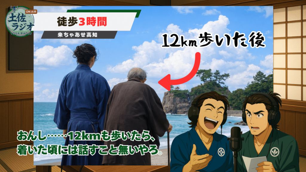 桂浜の海を背景に、若い男性と年老いた父親が後ろ姿で並んで立っている。画面左上に「土佐ラジオ」「ON AIR」、上部に「徒歩3時間」「来ちゃぁせ高知」。右上に「12km歩いた後」という文字と赤い矢印。画面下に「おんし……12kmも歩いたら、着いた頃には話すこと無いやろ。」という土佐弁の字幕。右下にラジオブース風のイラストで、坂本龍馬が笑い、中岡慎太郎がツッコミを入れている。