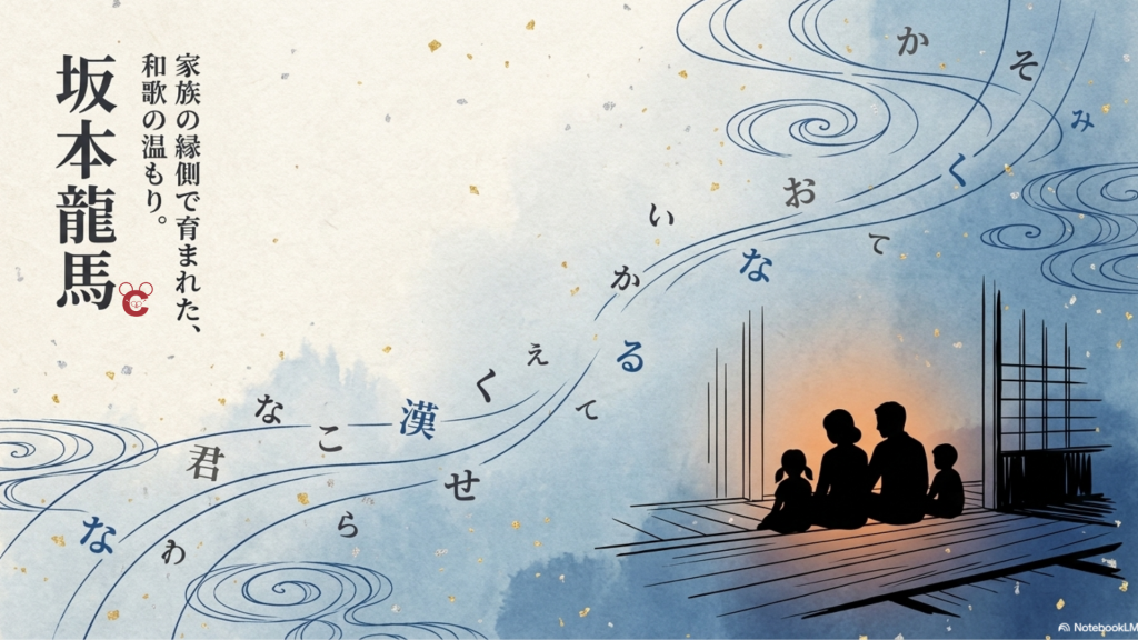家族との時間の中で和歌に親しみ、日常の言葉から表現を育んだ坂本龍馬の価値観を描いたイラスト。