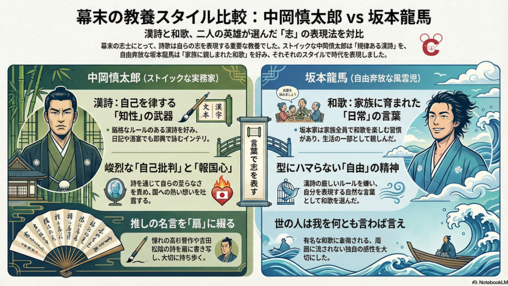 幕末の教養スタイルとして中岡慎太郎の漢詩と坂本龍馬の和歌を比較し、それぞれの価値観や表現の違いを図解したイラスト。