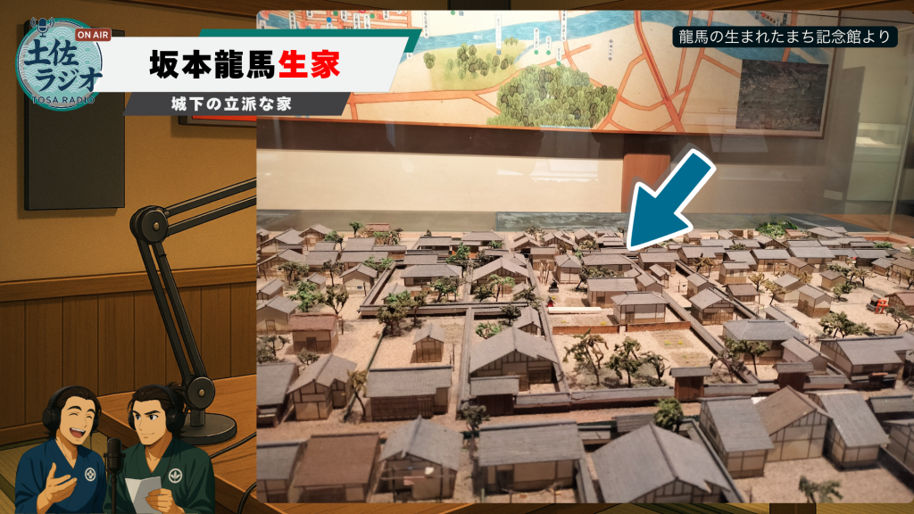 龍馬の生まれたまち記念館で撮影した坂本龍馬生家周辺のジオラマを横から見た写真