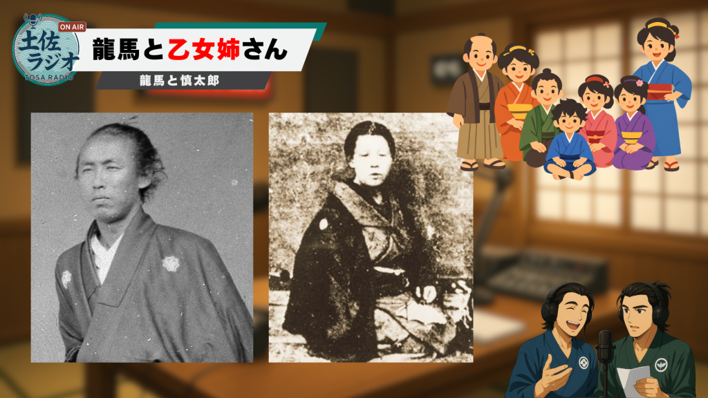 坂本龍馬と姉・乙女の写真と家族イメージを示した画像。
