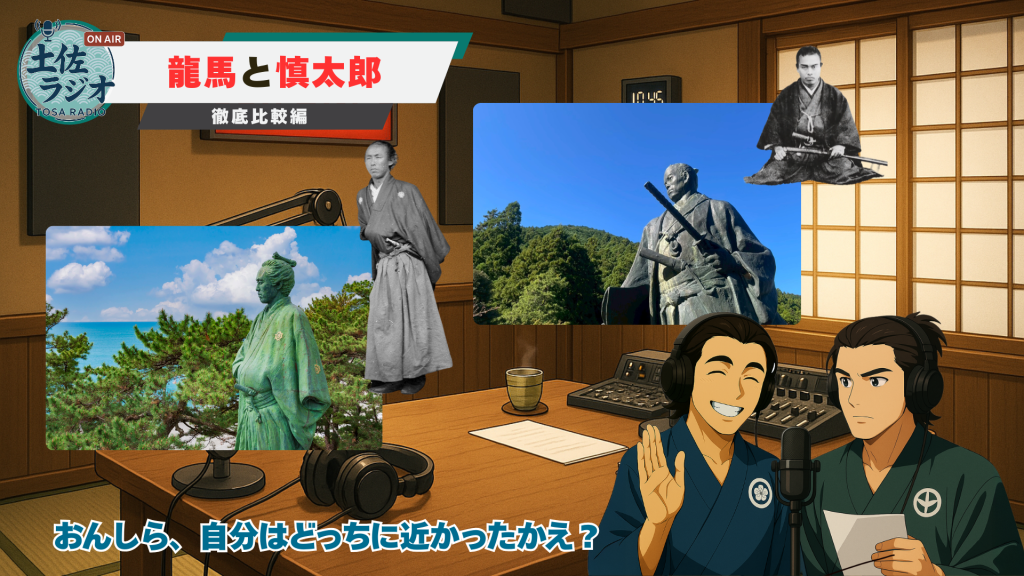 坂本龍馬像と中岡慎太郎像の写真を背景に、土佐ラジオで龍馬と慎太郎の違いについて語っている場面の画像