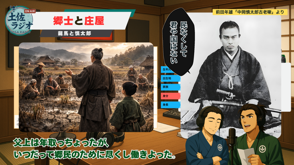 土佐ラジオの解説シーン。年老いた中岡慎太郎の父が郷民のために働く後ろ姿のイメージと、慎太郎の写真を並べ、家族背景と身分（郷士・庄屋）を示している。
