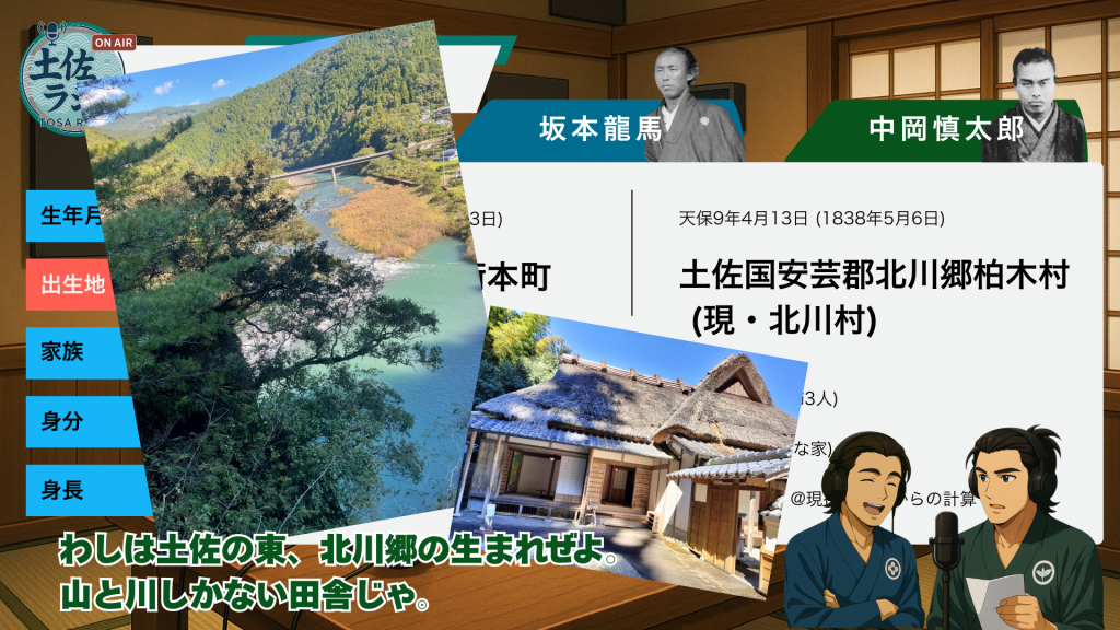 土佐ラジオで中岡慎太郎の生まれた場所である北川郷について語っている場面の画像