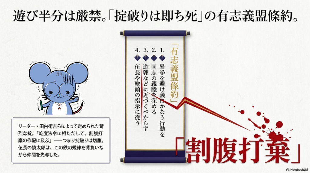 五十人組の「鉄の掟」四か条の要約。違反時の罰則「割腹打棄（切腹）」の文字に、ネズミのキャラクターが恐怖で震えている図解。