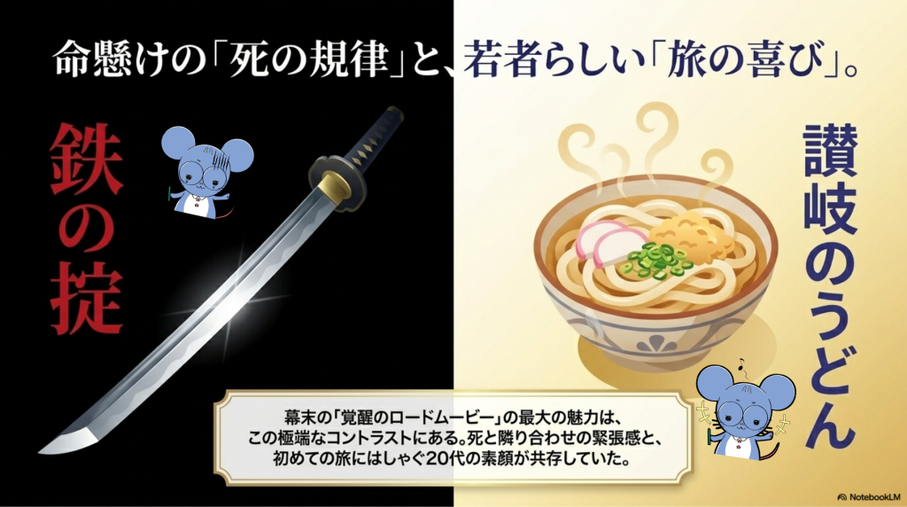 五十人組が江戸へ向かう道中で掲げた「鉄の掟」と、讃岐（香川県）で食べたうどんのエピソードを解説するスライド画像。