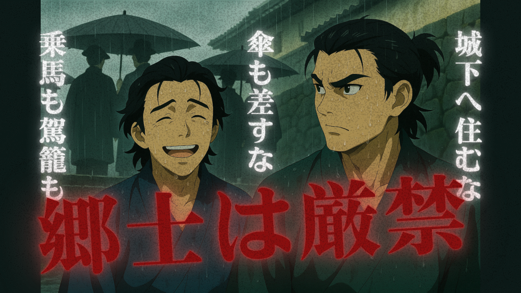 雨の城下町を背景に、「城下へ住むな・傘もさすな・乗馬も駕籠も郷士は厳禁」という文字が重なり、傘を差す上士風の影を睨む慎太郎と、悲しそうに笑う龍馬を描いた歌動画の一場面。