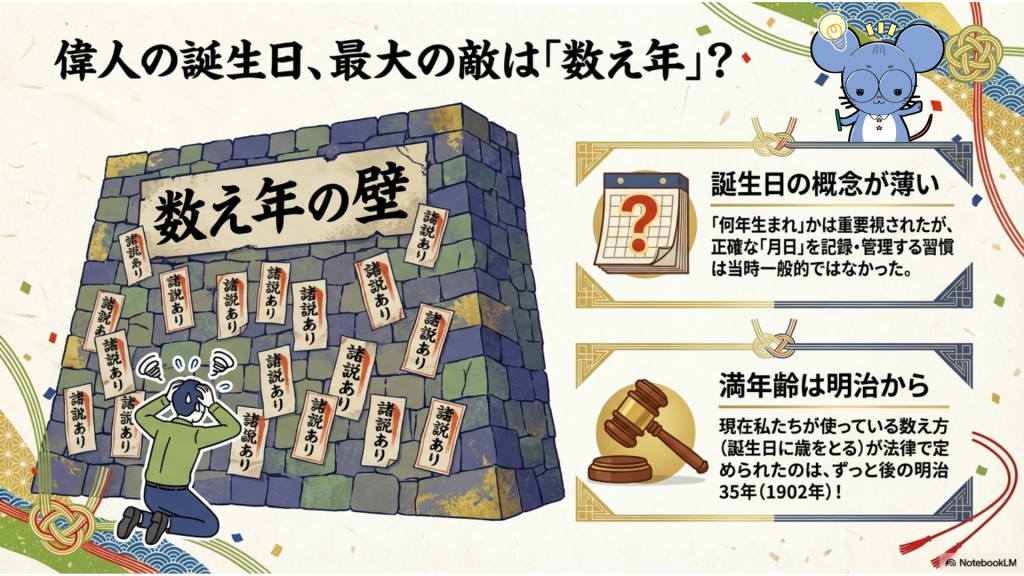 歴史上の人物の誕生日を特定する壁となる「数え年」の解説図。明治35年に満年齢が法律で定められたことや、当時の誕生日の概念の薄さを説明するインフォグラフィック。