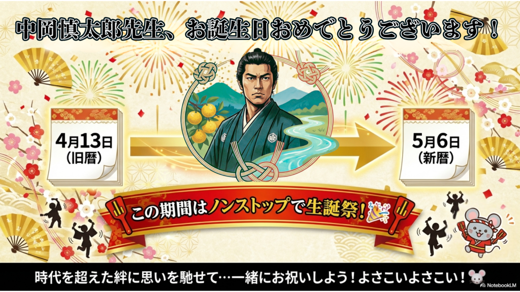 旧暦4月13日から新暦5月6日までの「慎太郎生誕祭期間」を祝う華やかな画像。花火やよさこいのイラストと共に、時代を超えた絆を祝うメッセージ。