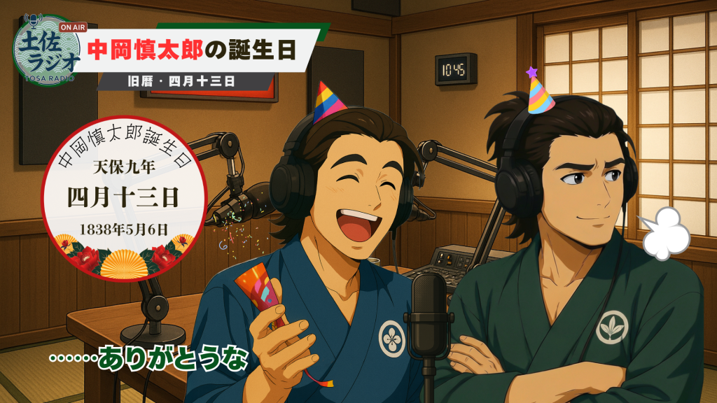 土佐ラジオShortの中岡慎太郎生誕祭のシーン。坂本龍馬が満面の笑みでクラッカーを鳴らし、中岡慎太郎が呆れた顔を背けつつ「……ありがとうな」と照れ隠しの感謝を伝えるスクショ。背景には旧暦4月13日、新暦5月6日、1838年の誕生日情報。