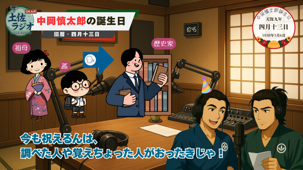 「土佐ラジオ」で中岡慎太郎の正確な誕生日(天保九年四月十三日、1838年5月6日)を特定できた経緯と関係者(祖母、孫、歴史家)を紹介するインフォグラフィック。