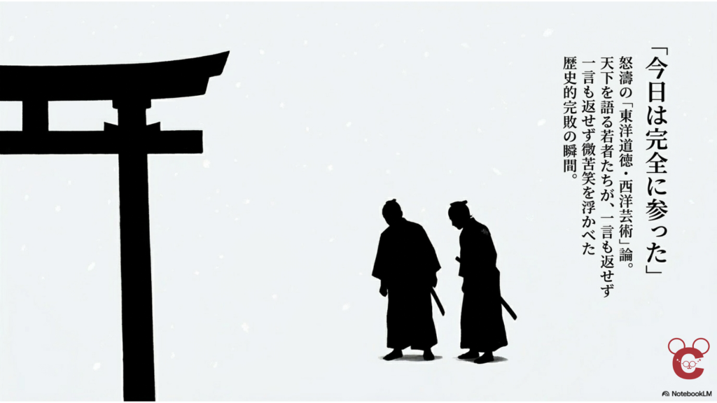 「今日は完全に参った」。象山邸を出た後、雪道で苦笑いする中岡慎太郎と久坂玄瑞をイメージしたシルエットイラスト。
