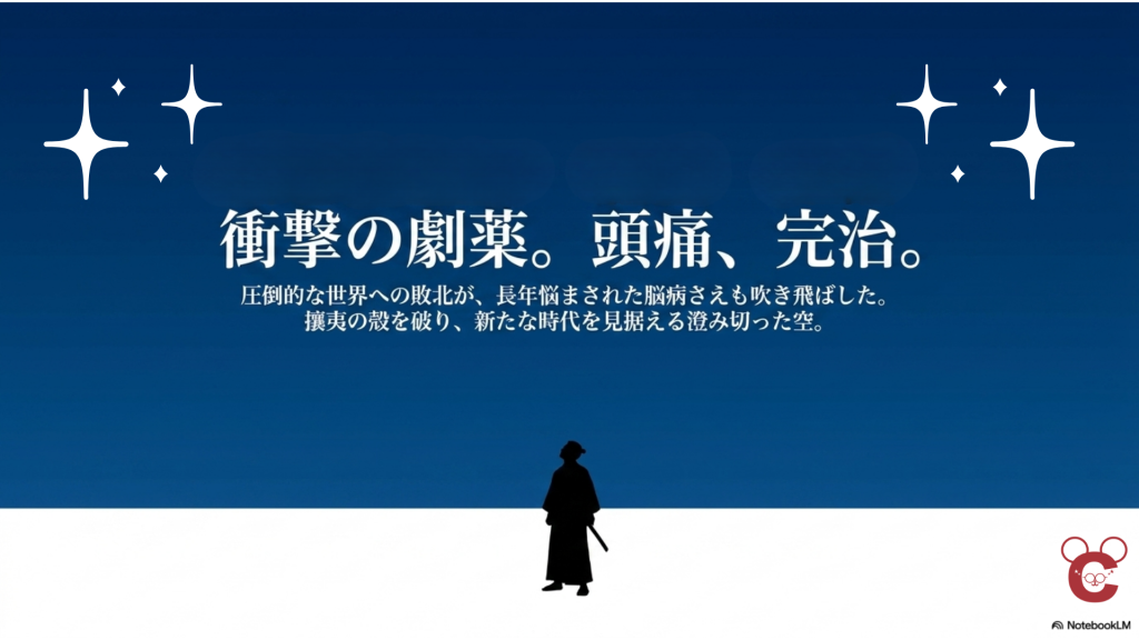 「衝撃の劇薬。頭痛、完治。」。雪晴れの空を仰ぐ慎太郎のシルエット。長年悩んでいた頭痛が象山の刺激で治った不思議なエピソード。