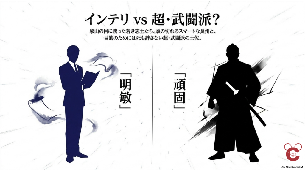「インテリ vs 超・武闘派?」。静かに座るスマートな久坂玄瑞（長州）と、拳を握りしめる武骨な中岡慎太郎（土佐）の対比を描いたビジュアル。