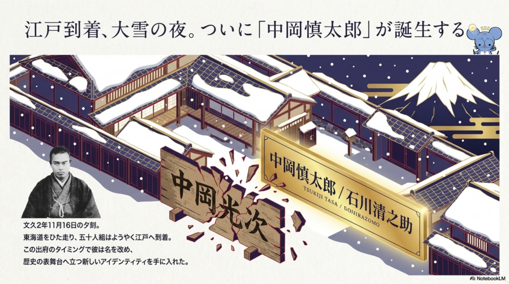 中岡光次が「慎太郎」に改名した経緯と、五十人組が江戸に到着した歴史背景。左側に中岡慎太郎の肖像写真があるスライド。