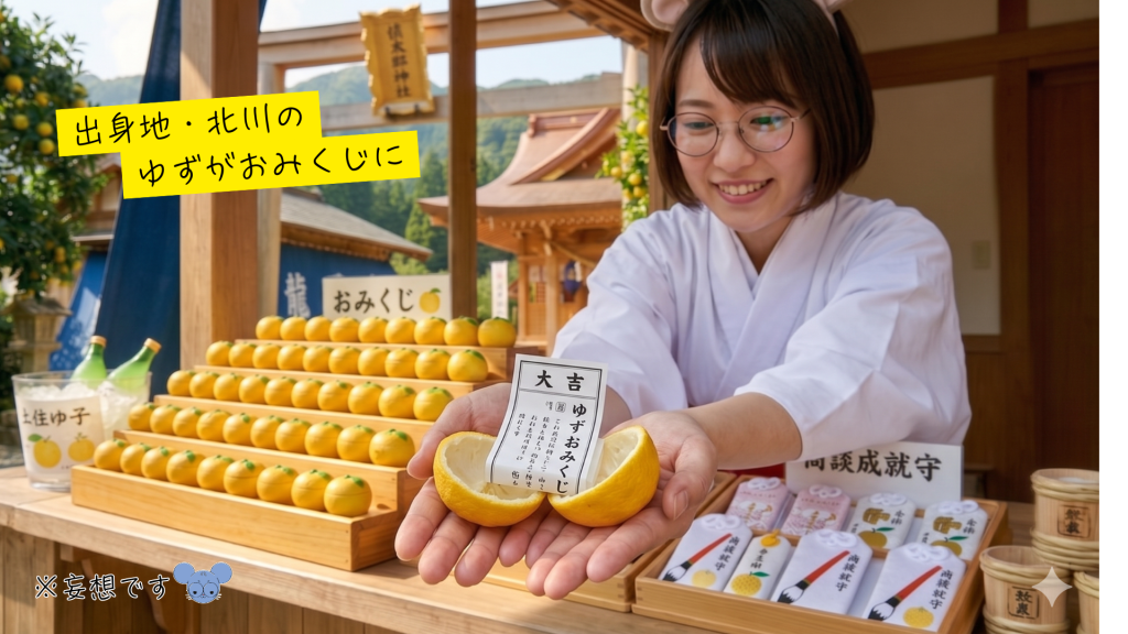 架空の神社の写真風画像。巫女さんが両手に、半分に割ったゆずから出てきた「ゆずおみくじ」を掲げている。おみくじは「大吉」で「出身地・北川のゆずがおみくじに」のテロップがある。