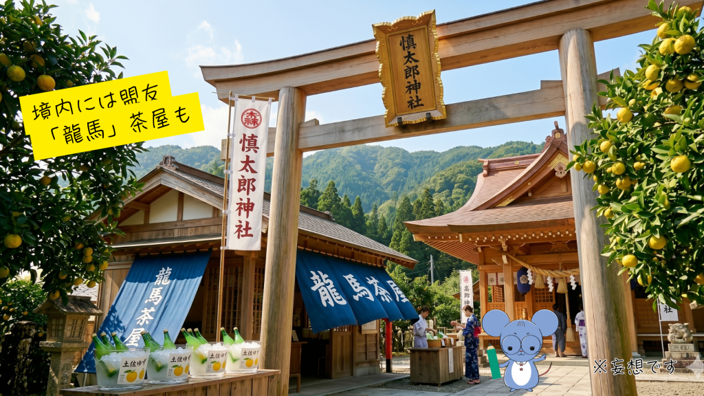 架空の「慎太郎神社」の幟と鳥居の横にある木造の「龍馬茶屋」の写真風画像。青い暖簾には「龍馬茶屋」と白文字で書かれており、店先にはゆずのお酒が入ったバケツが並んでいる。右奥には本殿が見える。