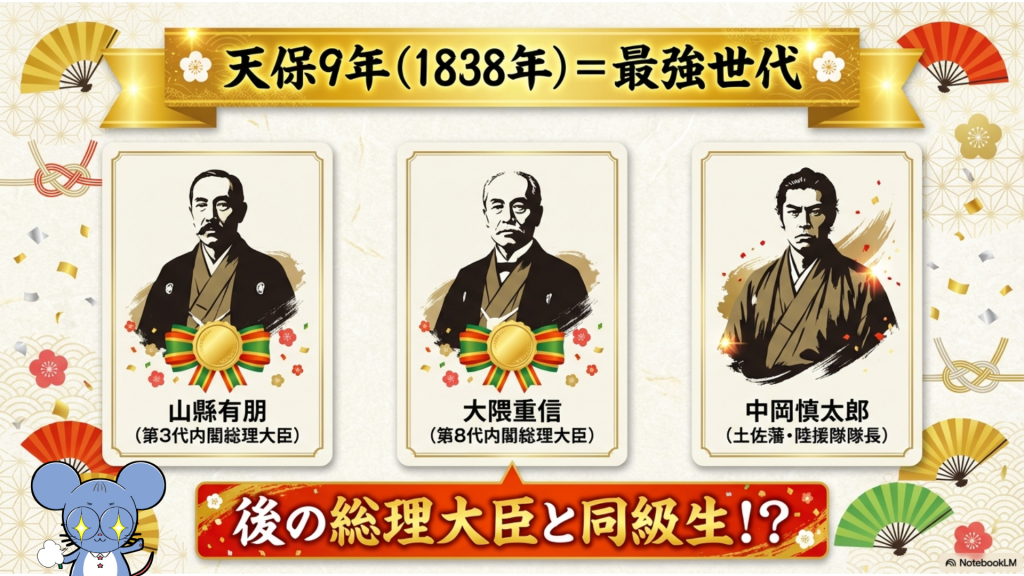 天保9年(1838年)生まれの最強世代の紹介。山縣有朋、大隈重信、中岡慎太郎の三人が並び、「後の総理大臣と同級生!?」と解説する画像。