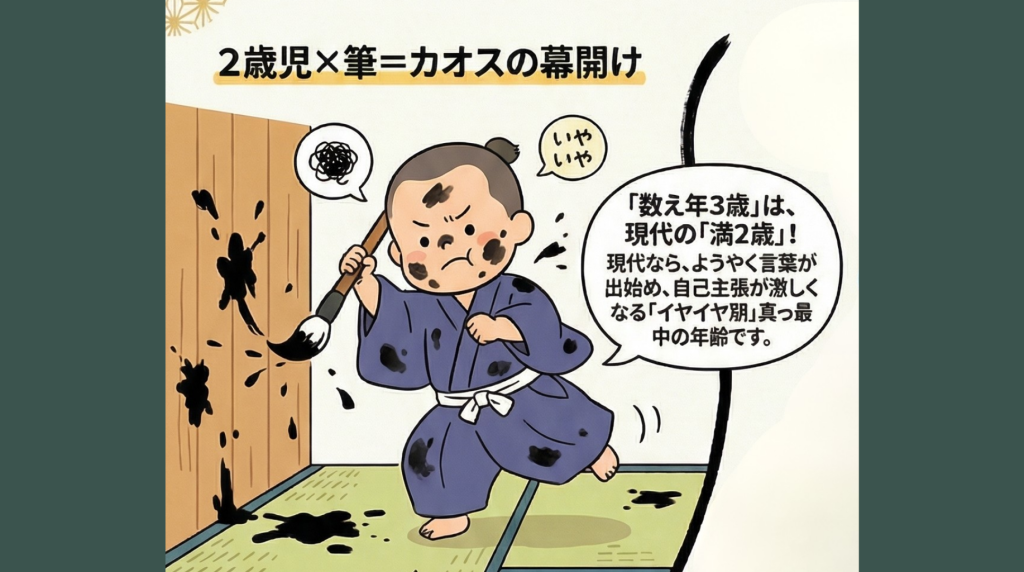 「2歳児×筆＝カオスの幕開け」と題したイラスト。数え年3歳（満2歳）で手習いを始めた中岡慎太郎の、墨まみれで暴れる「イヤイヤ期」の現実をユーモラスに描いた図解。