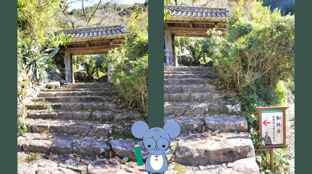 高知県北川村にある松林寺の山門と古い石段。中岡慎太郎が4歳で寺入りし、神童としての第一歩を踏み出した学びの聖地の風景。