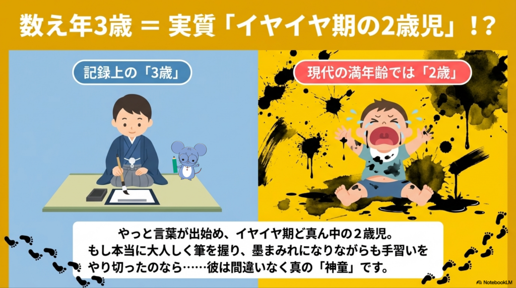 数え年3歳（満2歳）で手習いを始めた中岡慎太郎の記録を、現代のイヤイヤ期の2歳児と比較した図解。記録上の静かな姿と現実のギャップをユーモラスに表現。