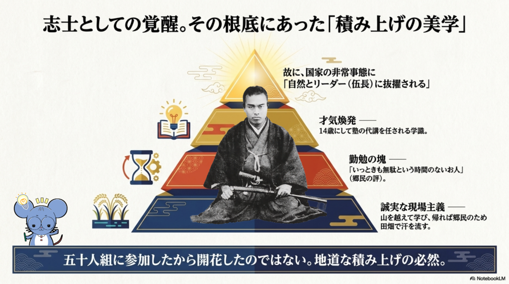 「志士としての覚醒」をテーマに、中岡慎太郎が積み上げてきた経験をピラミッド型にまとめた図解。慎太郎の肖像写真付き。