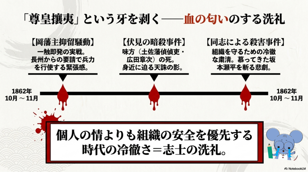 1862年の五十人組が関わった岡藩主抑留騒動や幕末の暗殺・殺人事件の年表。凄惨な歴史にネズミのキャラクターが涙を流している図解画像。