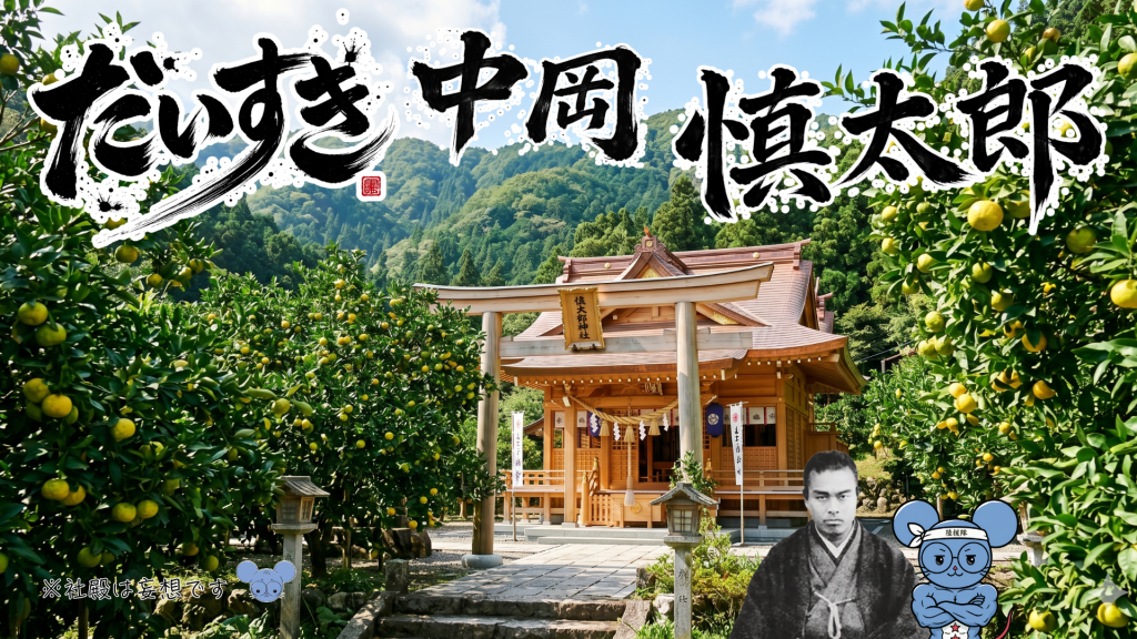 架空の「中岡慎太郎神社」の境内遠景写真。空には「だいすき中岡慎太郎」という力強い白文字の筆文字テロップが大きく浮かんでいる。右下には、腕を組む中岡慎太郎の肖像写真と、彼を見上げるネズミのキャラクター（ちゅう乃）が配置されている。