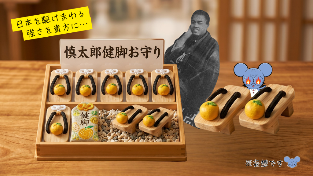 架空のお守り画像。「慎太郎健脚お守り（下駄）」の木箱と、その横に並ぶ一足のミニチュア下駄（ストラップ）。「日本を駆け回る強さを貴方に…」のテロップがあり、目の輝く「ちゅう乃」と、慎太郎の肖像画がある。