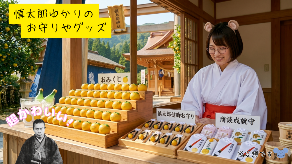 想像上の「中岡慎太郎神社」の社務所（授与所）。棚には「ゆずおみくじ」や、様々なお守りがきれいに並べられている。
