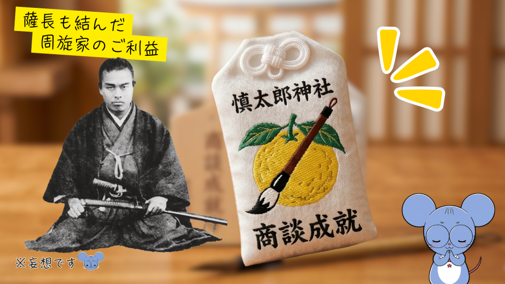 架空のお守り画像。「慎太郎神社・商談成就」の文字とゆず、筆の刺繍がされた白地のお守りが浮かんでいる。左上には「薩長も結んだ周旋家のご利益」のテロップがあり、手を合わせる「ちゅう乃」と中岡慎太郎の肖像画が左右にある。
