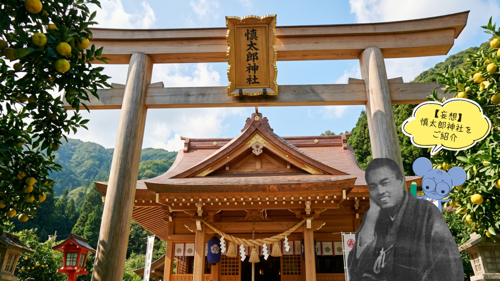 架空の「慎太郎神社」の神額がかかる木造の大鳥居を下から見上げた構図。背景には青空と山が広がり、鳥居の左右にはたくさんの実をつけたゆずの木が配置されている。