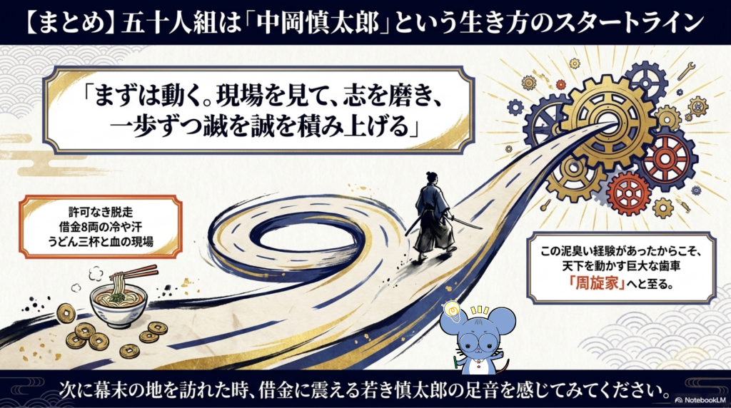 五十人組での経験が中岡慎太郎の「志士としてのスタートライン」であり、後の周旋家としての活躍に繋がったことを示すまとめイラスト。