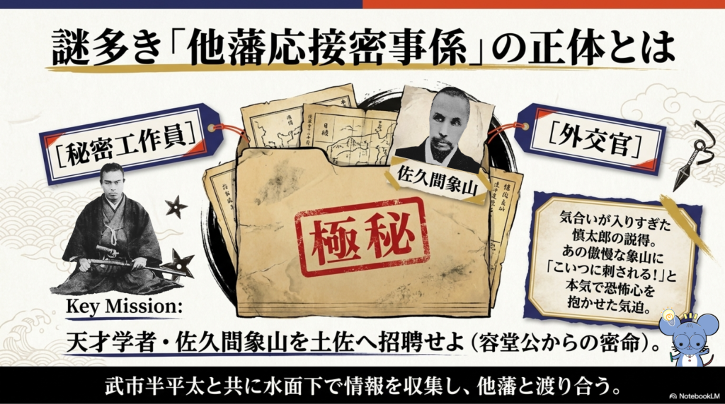 謎多き役職「他藩応接密事係」の解説と、佐久間象山を土佐藩へ招聘するという密命を受けたエピソード。中岡慎太郎と佐久間象山の肖像写真。